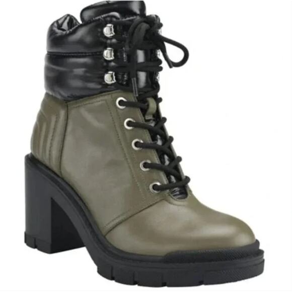 Marc Fisher Velima Heel Boots 11 Green Black NWOT Ankle Booties Combat Moto Lace - Picture 1 of 7